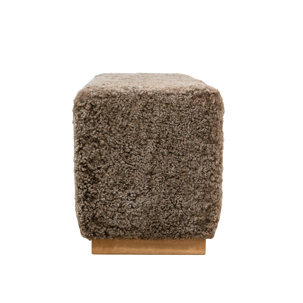 Wool Sheepskin Cube Bench in Deep Taupe - Solid Oak Base