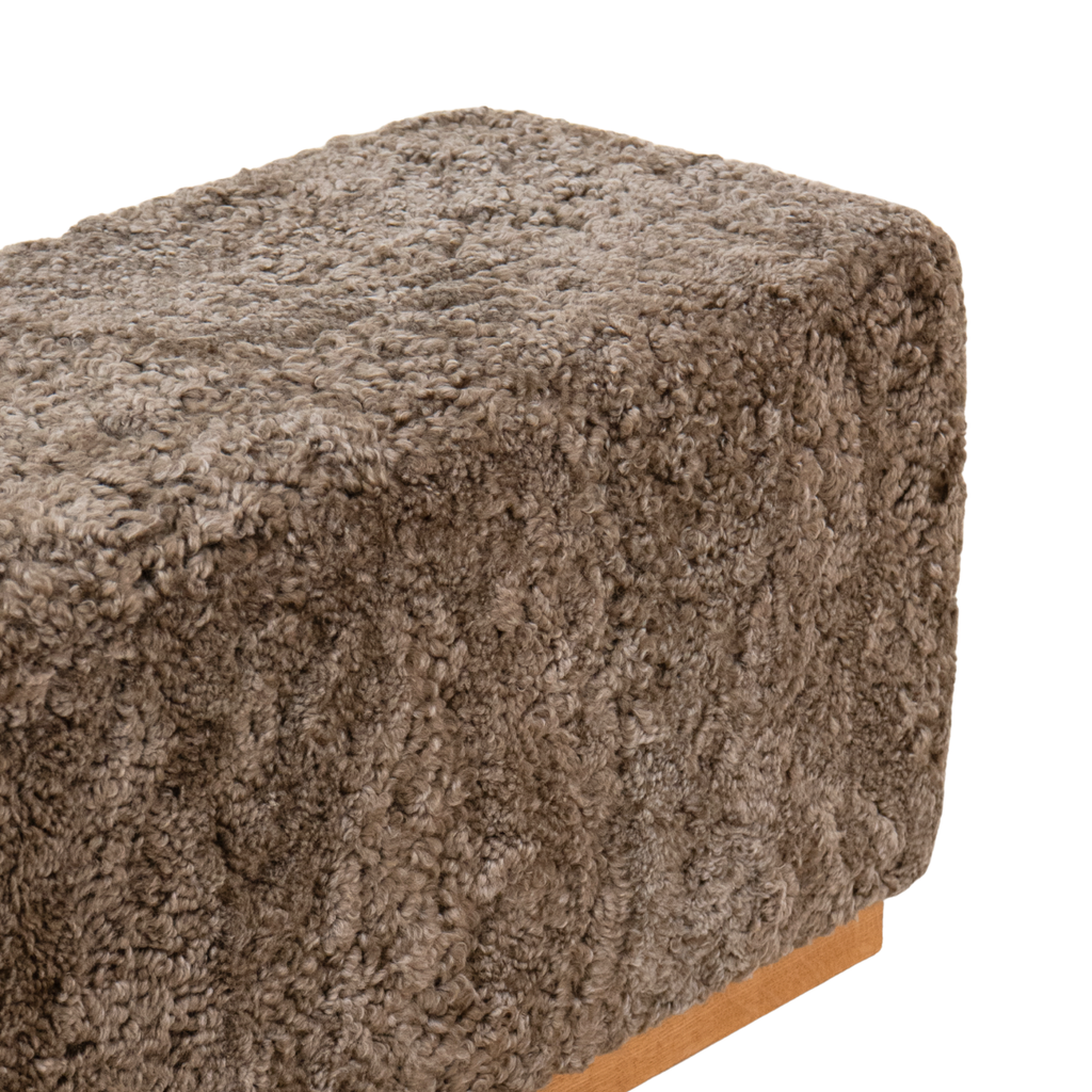 Wool Sheepskin Cube Bench in Deep Taupe - Solid Oak Base