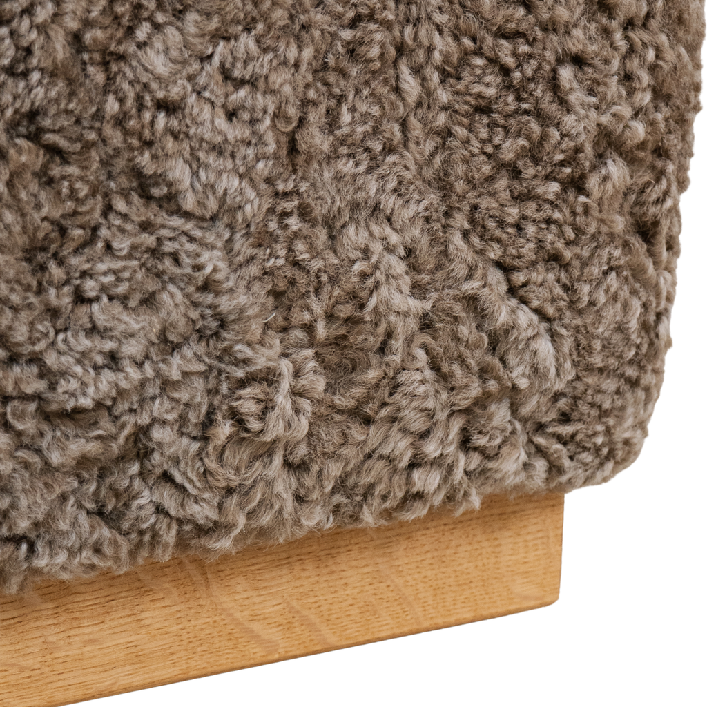 Wool Sheepskin Cube Bench in Deep Taupe - Solid Oak Base