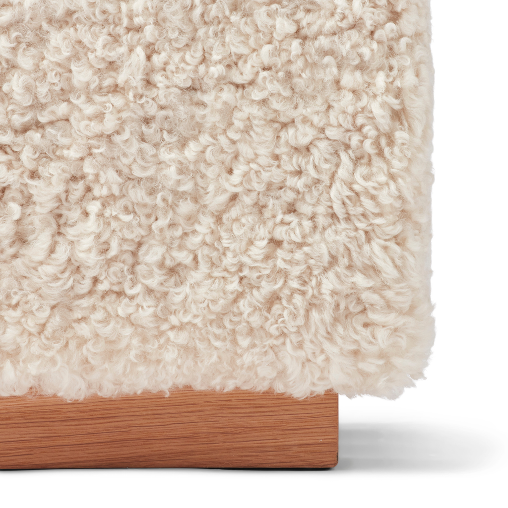 Wool Sheepskin Cube Ottoman in Pearl - Solid Oak Base