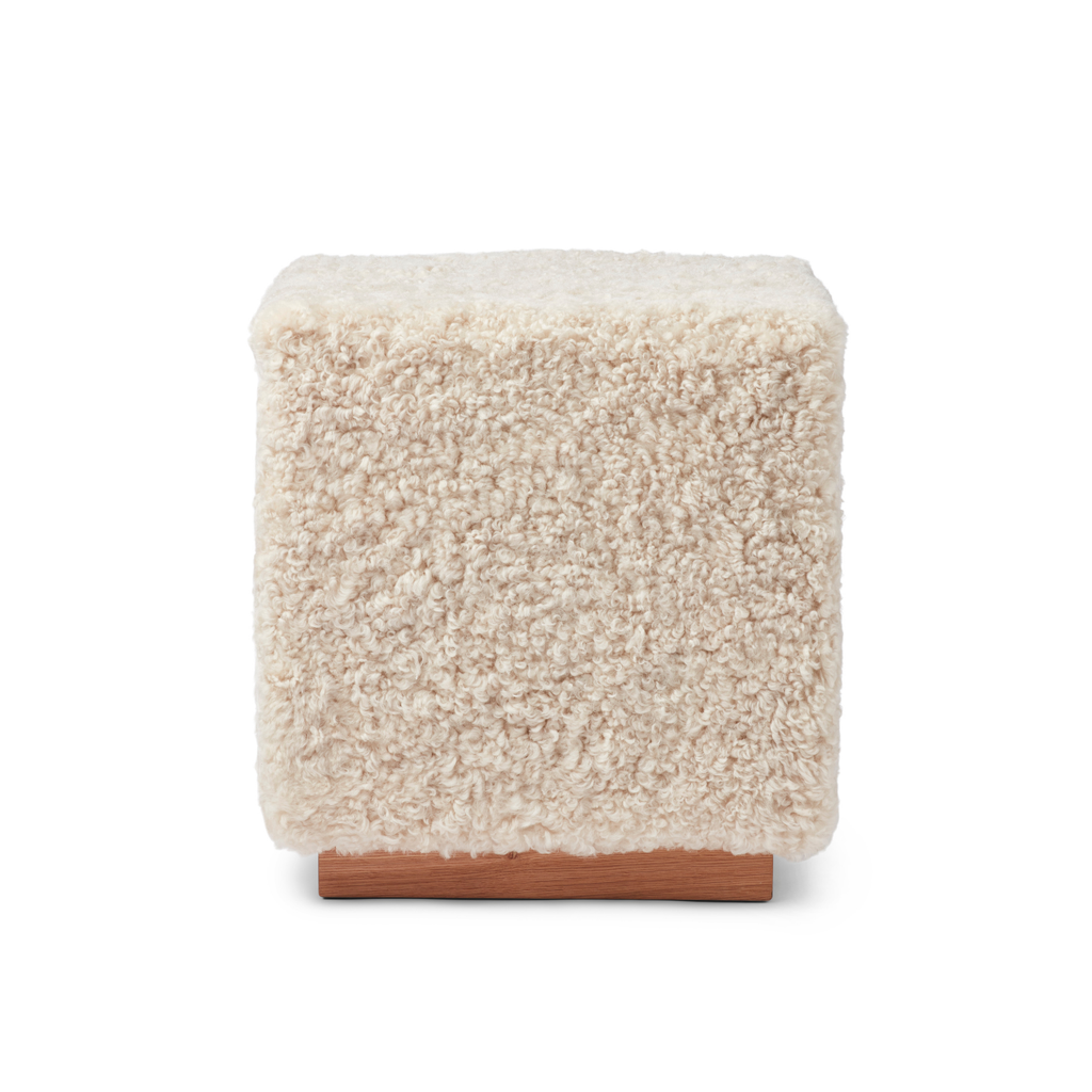 Wool Sheepskin Cube Ottoman in Pearl - Solid Oak Base