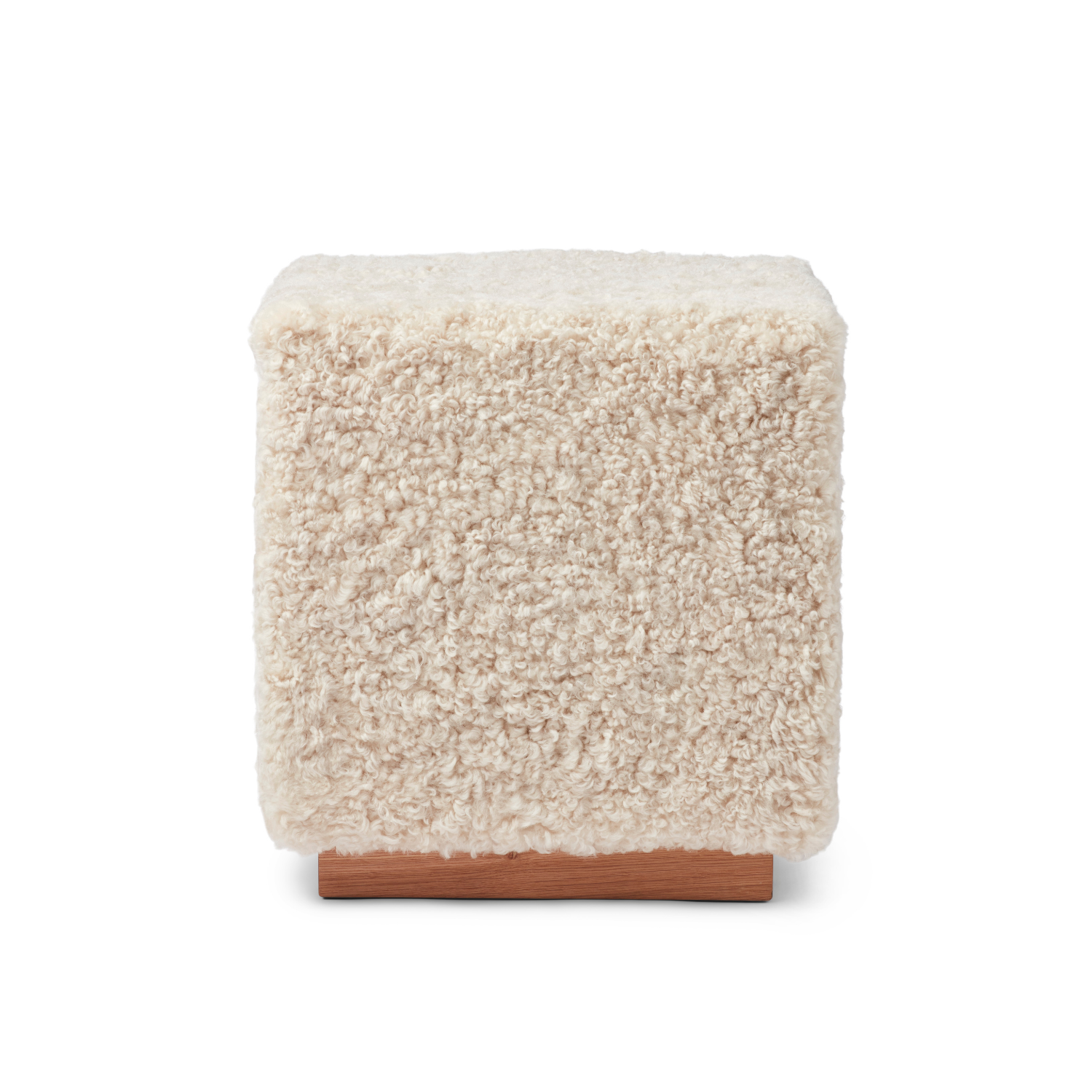 Wool Sheepskin Cube Ottoman in Pearl - Solid Oak Base