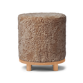Wool Sheepskin Round Ottoman in Taupe - Solid Oak Base