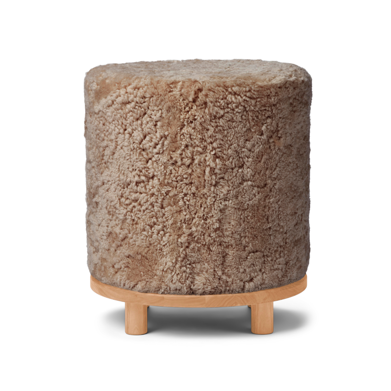 Wool Sheepskin Round Ottoman in Taupe - Solid Oak Base