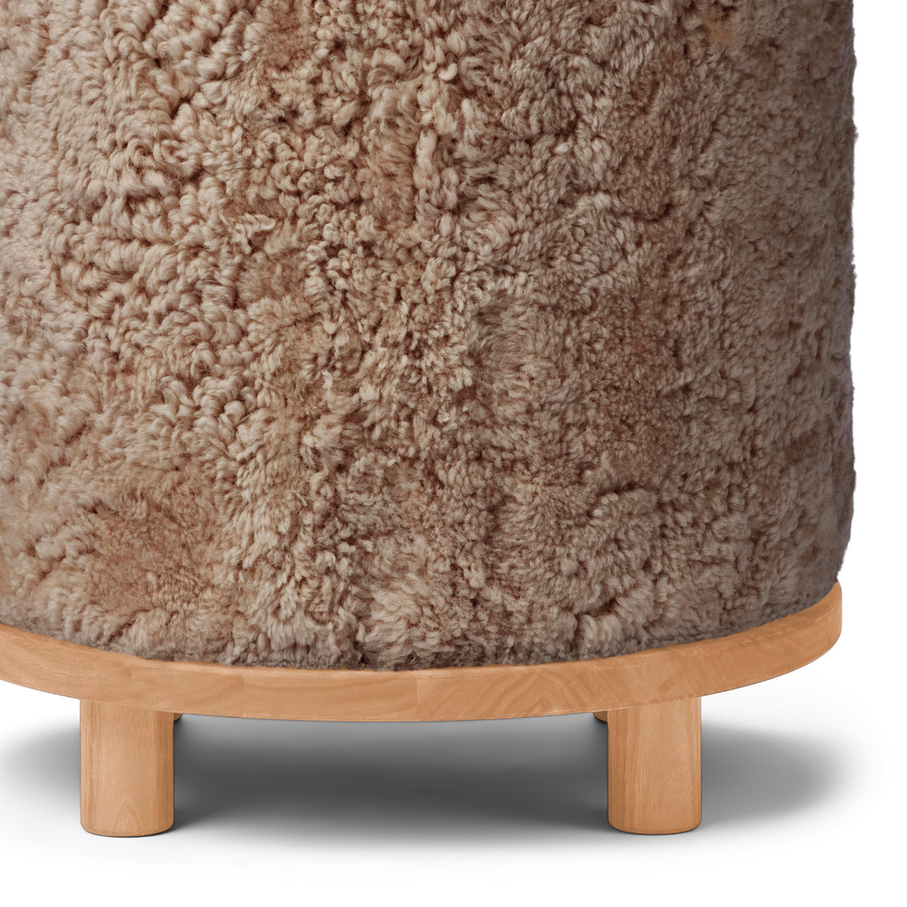 Wool Sheepskin Round Ottoman in Taupe - Solid Oak Base