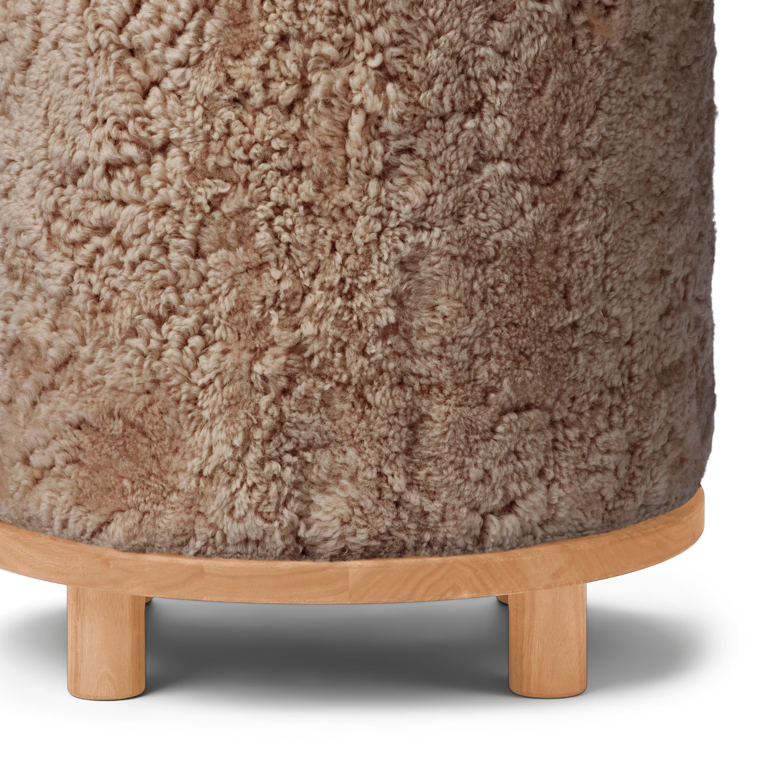 Wool Sheepskin Round Ottoman in Taupe - Solid Oak Base