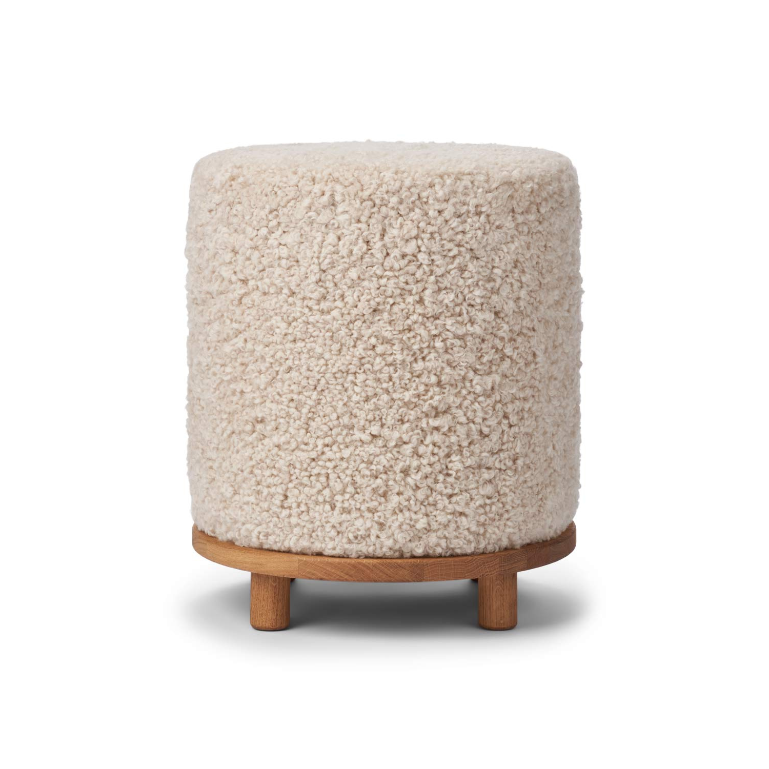Wool Sheepskin Round Ottoman in Pearl - Solid Oak Base