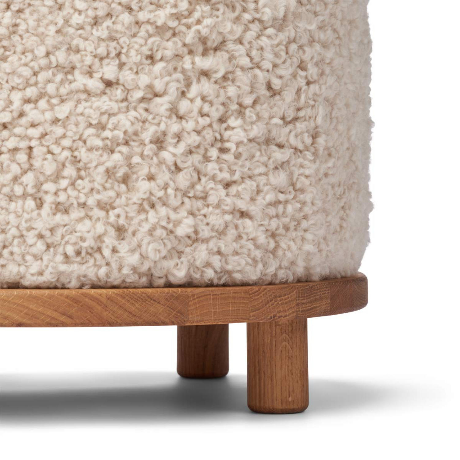 Wool Sheepskin Round Ottoman in Pearl - Solid Oak Base