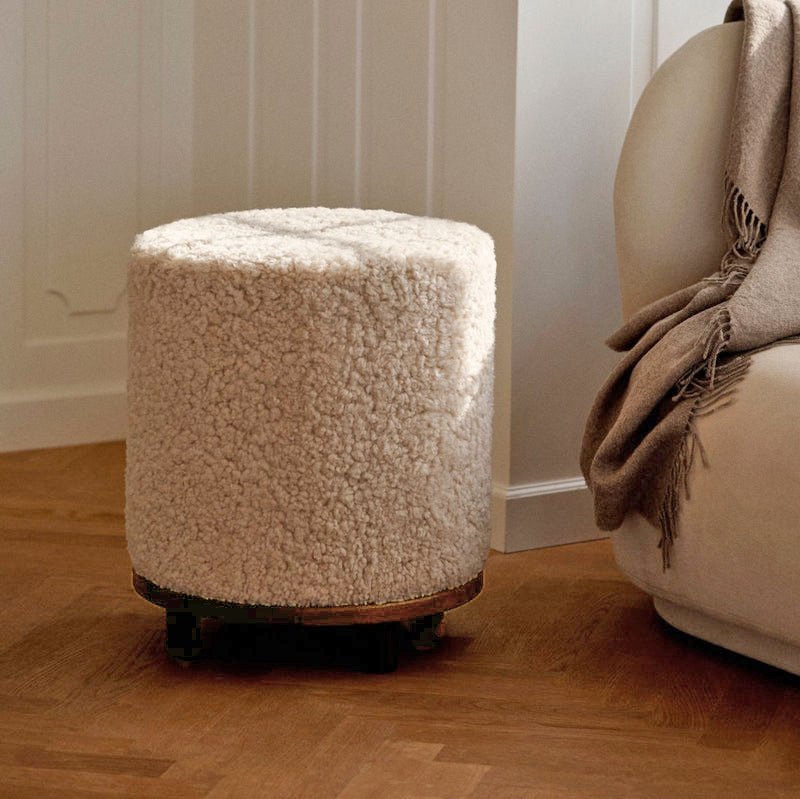 Wool Sheepskin Round Ottoman in Pearl - Solid Oak Base