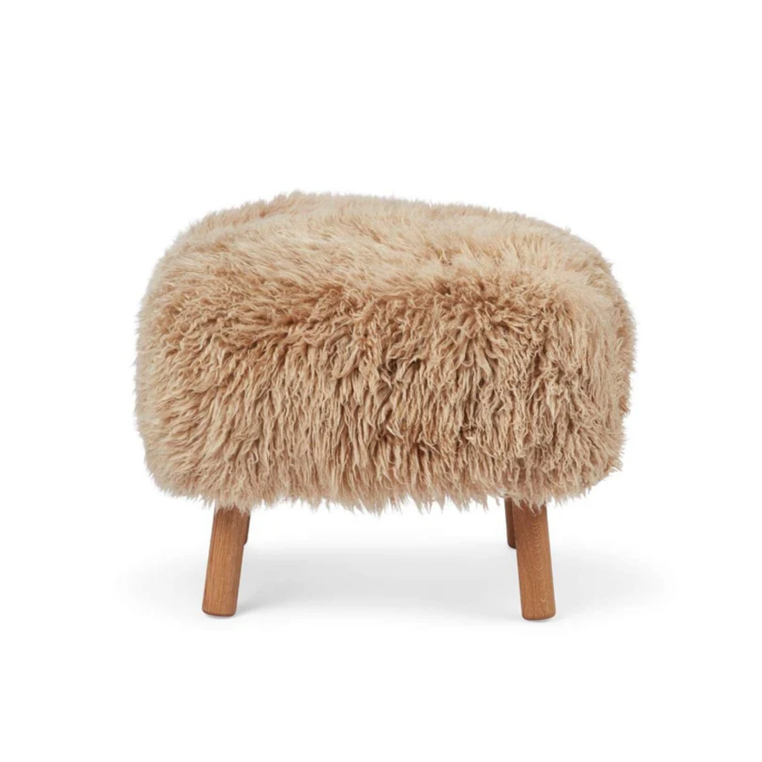 Long-Wool Sheepskin Ottoman in Honey - Solid Oak Legs