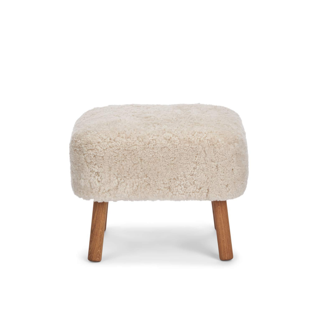 Wool Sheepskin Ottoman in Pearl - Solid Oak Legs