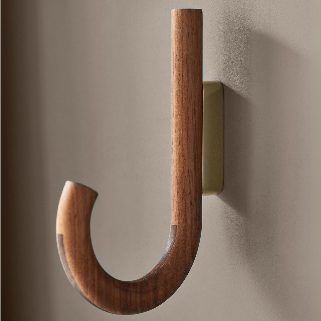 J-Curve Wall Hook in Walnut & Brass - Umbrella-Inspired, Multi-Room Use