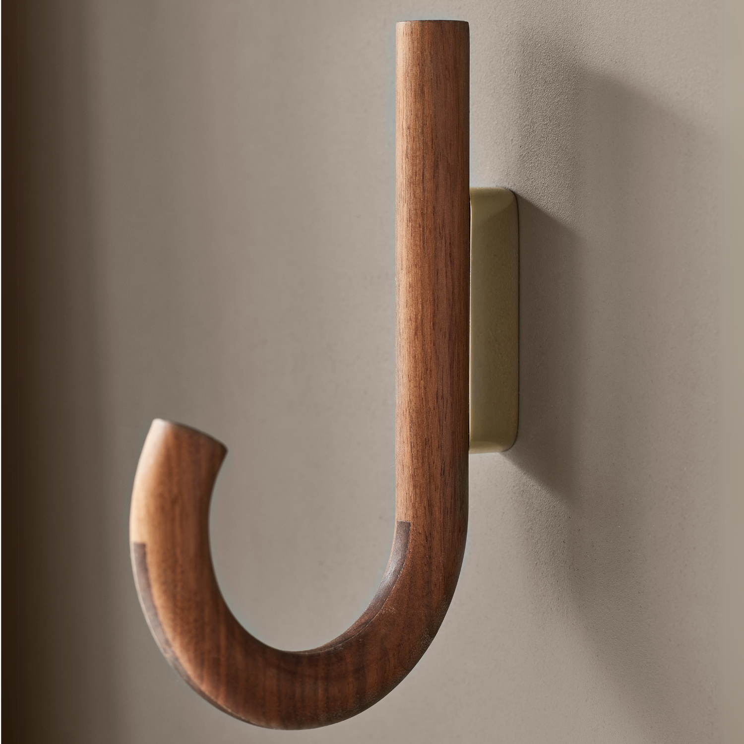 J-Curve Wall Hook in Walnut & Brass - Umbrella-Inspired, Multi-Room Use