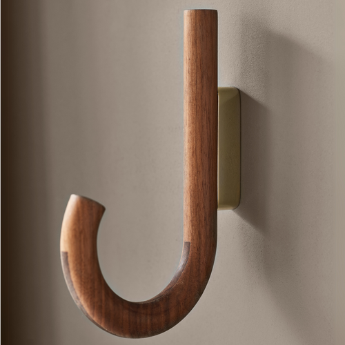 J-Curve Wall Hook in Walnut & Brass - Umbrella-Inspired, Multi-Room Use