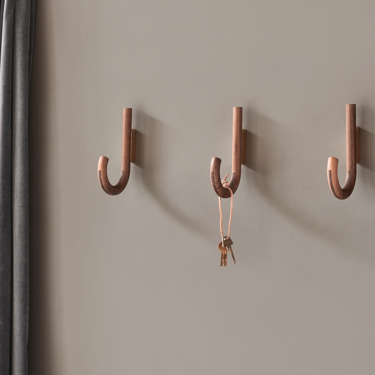 J-Curve Wall Hook in Walnut & Brass - Umbrella-Inspired, Multi-Room Use