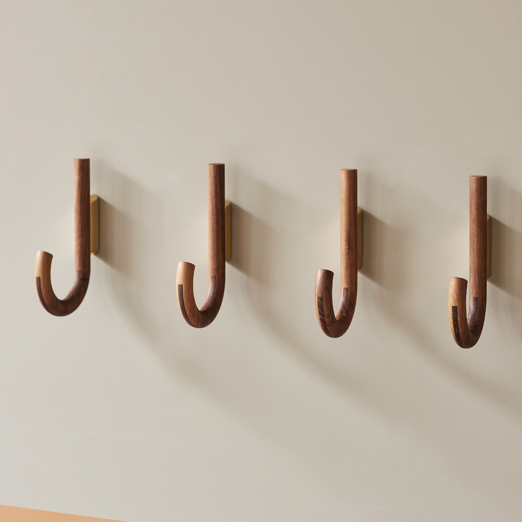 J-Curve Wall Hook in Walnut & Brass - Umbrella-Inspired, Multi-Room Use