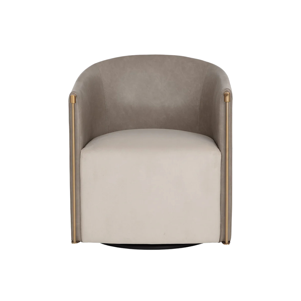 Swivel Lounge Chair in Mineral Faux Leather & Taupe Fabric - Steel Arms