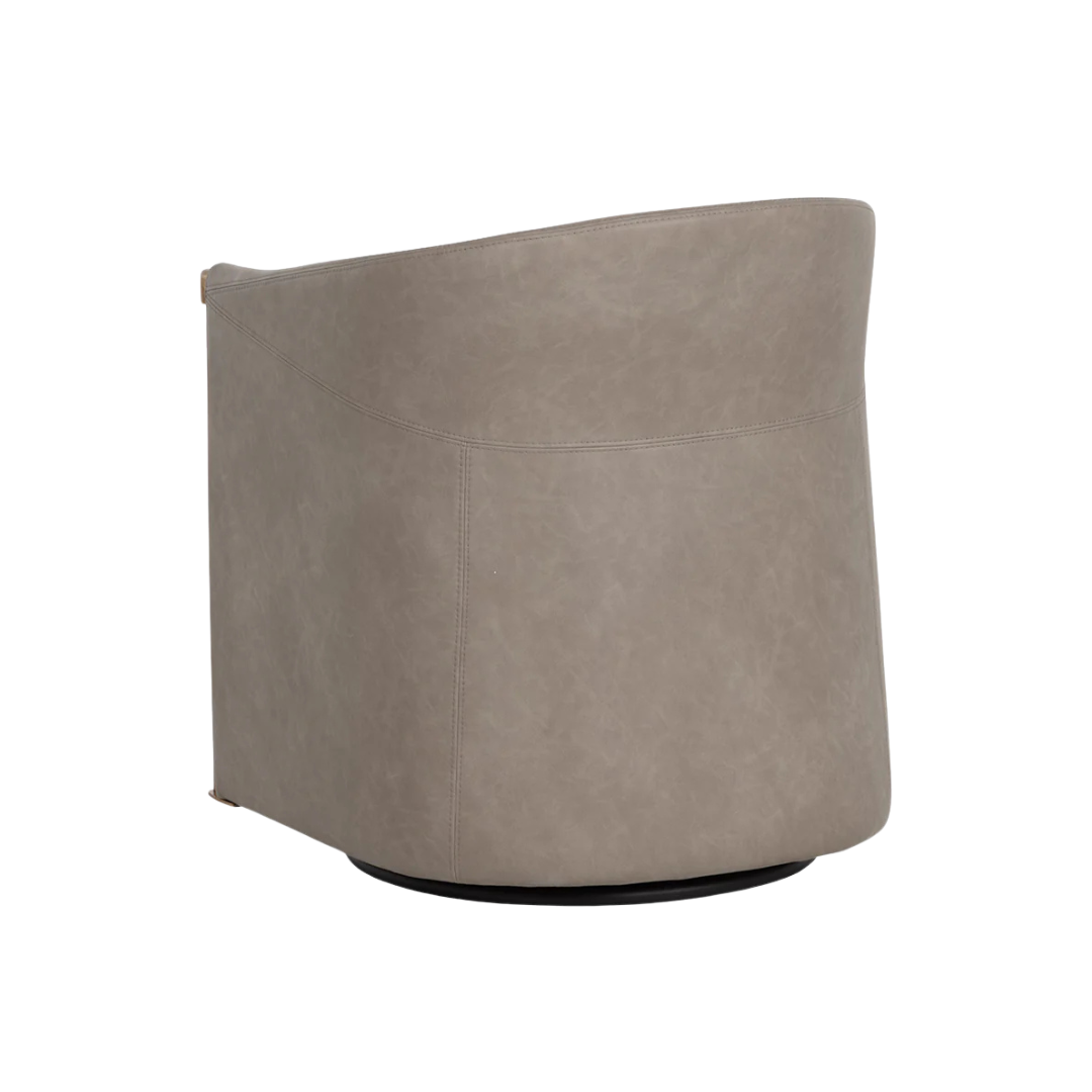 Swivel Lounge Chair in Mineral Faux Leather & Taupe Fabric - Steel Arms