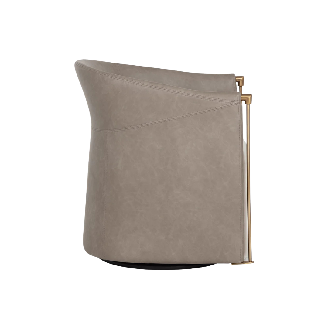 Swivel Lounge Chair in Mineral Faux Leather & Taupe Fabric - Steel Arms