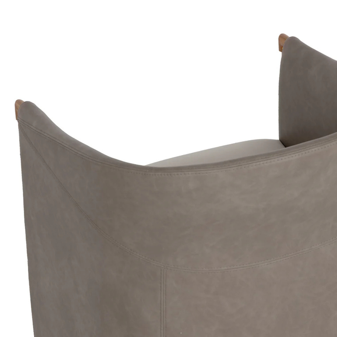 Swivel Lounge Chair in Mineral Faux Leather & Taupe Fabric - Steel Arms