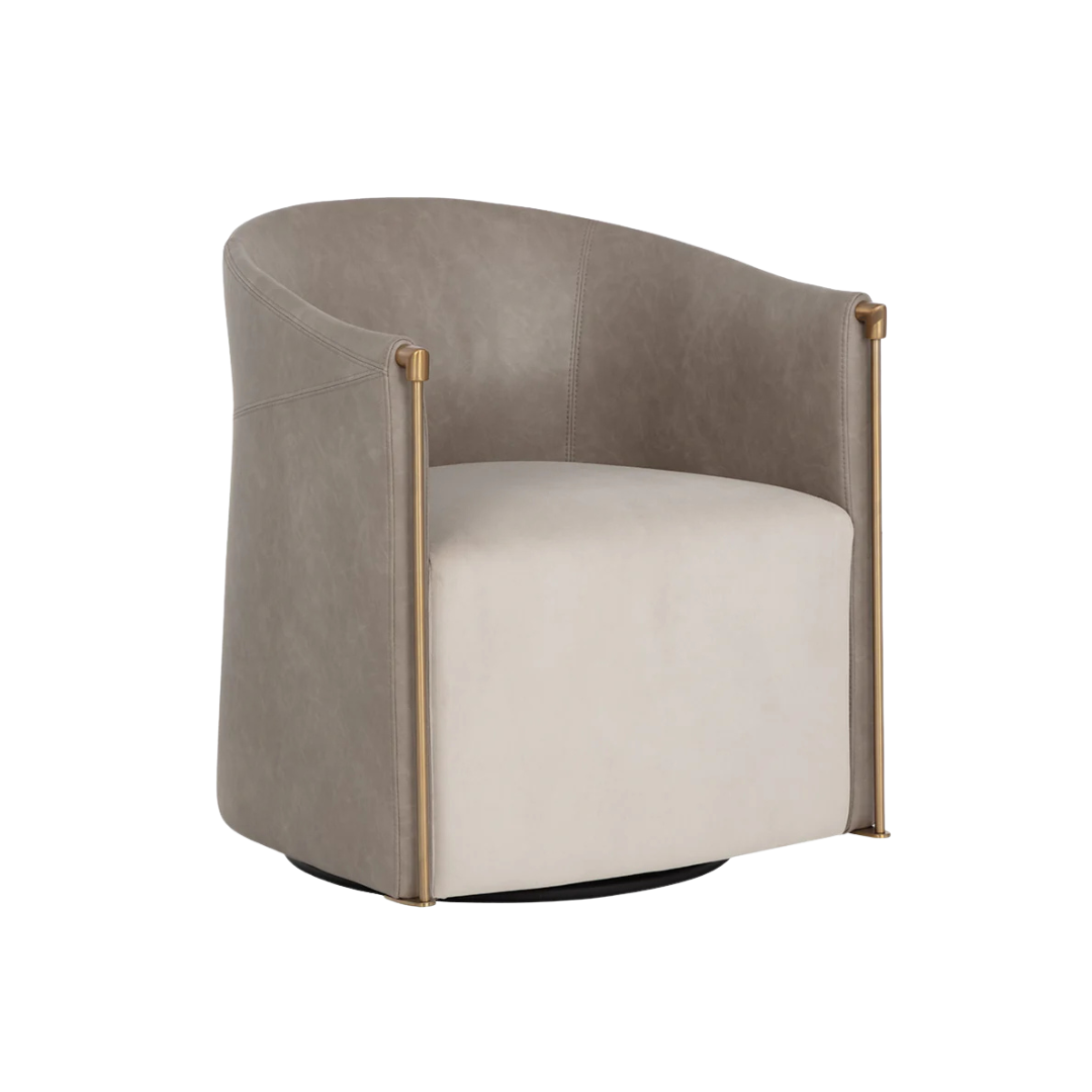 Swivel Lounge Chair in Mineral Faux Leather & Taupe Fabric - Steel Arms
