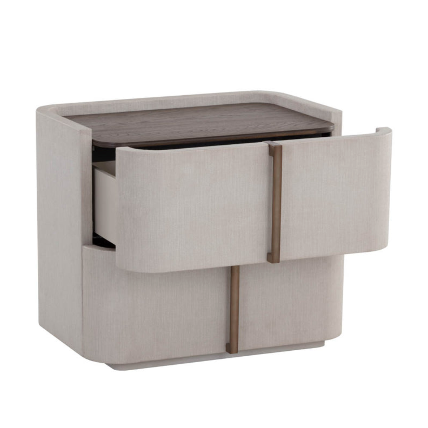 Curved Nightstand in Cream Faux Leather - Oak Veneer Top, 2 Drawers, Acacia Base