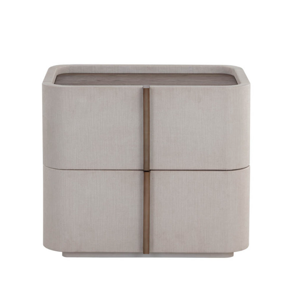 Curved Nightstand in Cream Faux Leather - Oak Veneer Top, 2 Drawers, Acacia Base