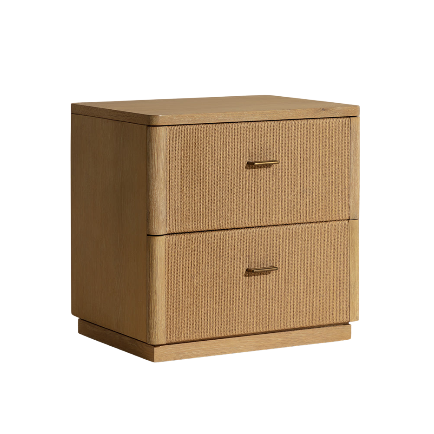 Rustic Oak Veneer Nightstand - Rope Door Detail, Antique Brass Handles, Solid Legs