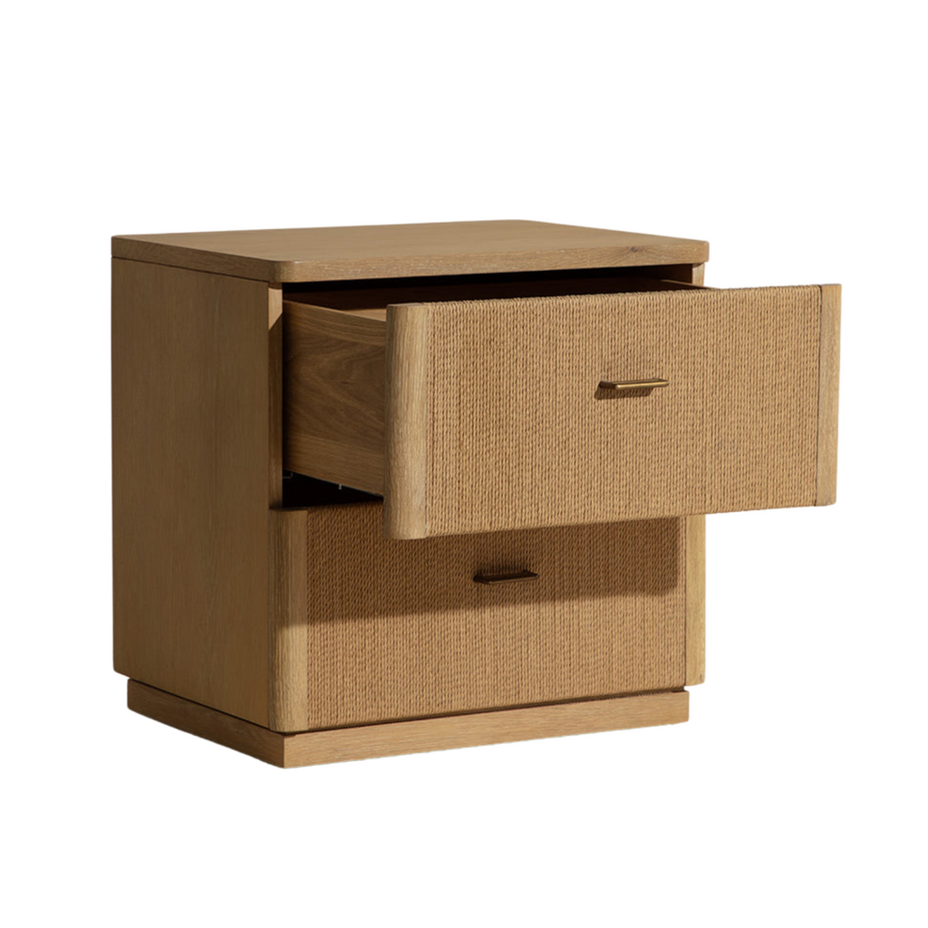 Rustic Oak Veneer Nightstand - Rope Door Detail, Antique Brass Handles, Solid Legs