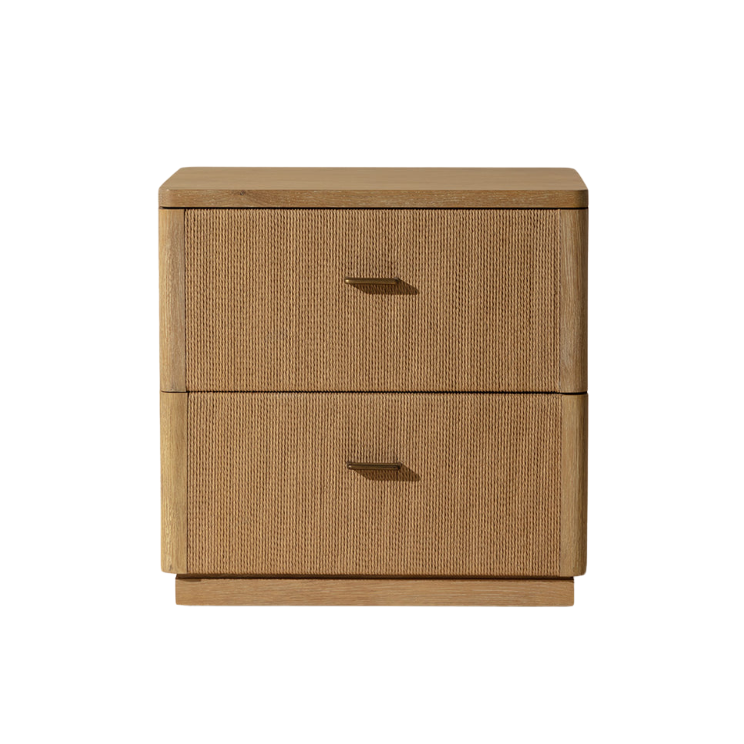 Rustic Oak Veneer Nightstand - Rope Door Detail, Antique Brass Handles, Solid Legs