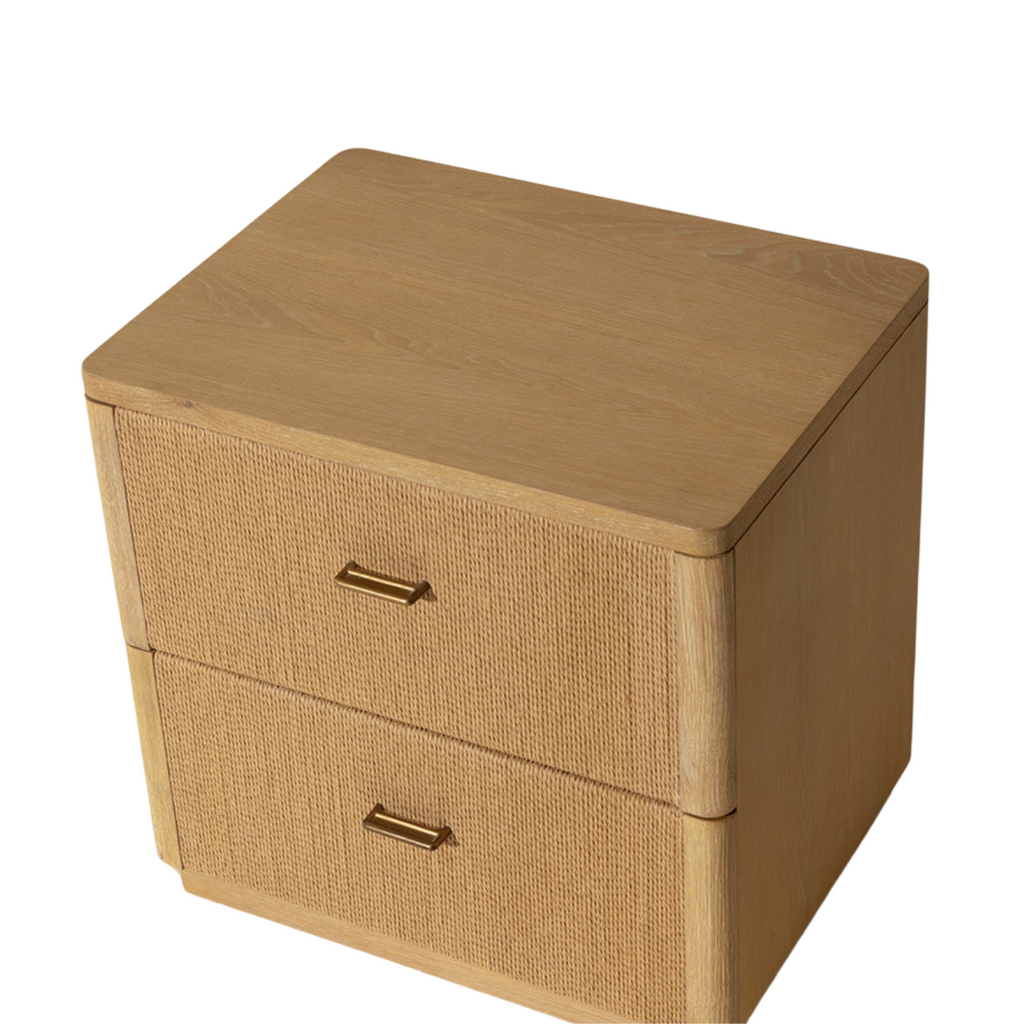 Rustic Oak Veneer Nightstand - Rope Door Detail, Antique Brass Handles, Solid Legs