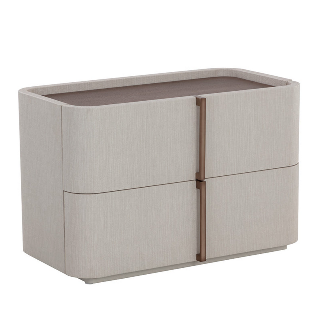 Curved Nightstand in Cream Faux Leather - Oak Veneer Top, 2 Drawers, Acacia Base