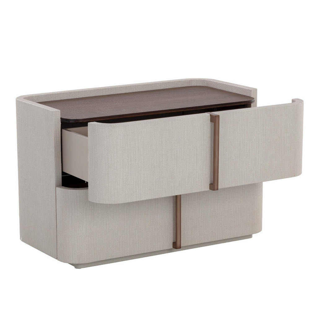 Curved Nightstand in Cream Faux Leather - Oak Veneer Top, 2 Drawers, Acacia Base