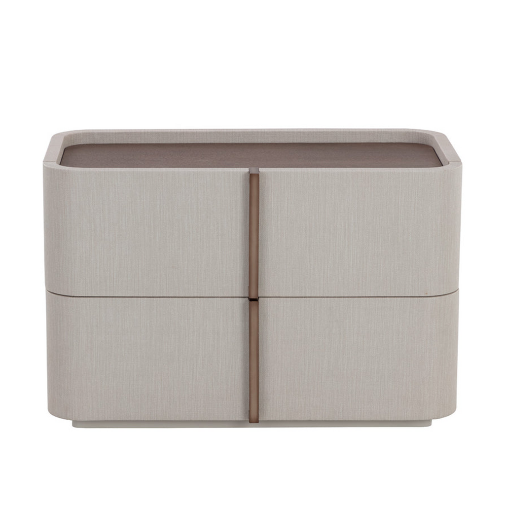 Curved Nightstand in Cream Faux Leather - Oak Veneer Top, 2 Drawers, Acacia Base