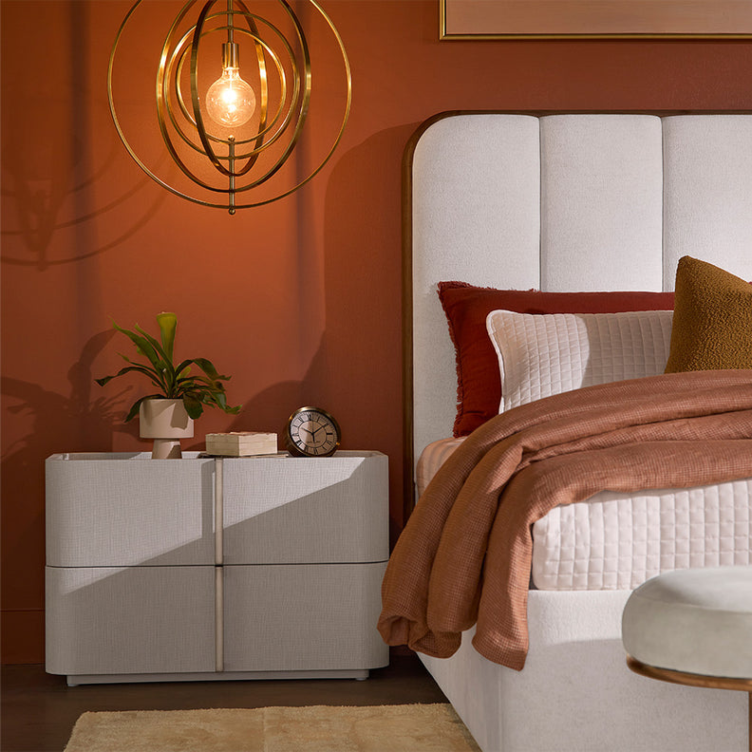 Curved Nightstand in Cream Faux Leather - Oak Veneer Top, 2 Drawers, Acacia Base