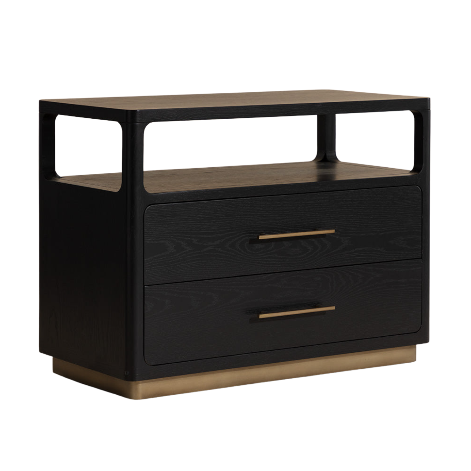Minimalist Oak Nightstand in Black - Open Shelf, 2 Soft-Close Drawers