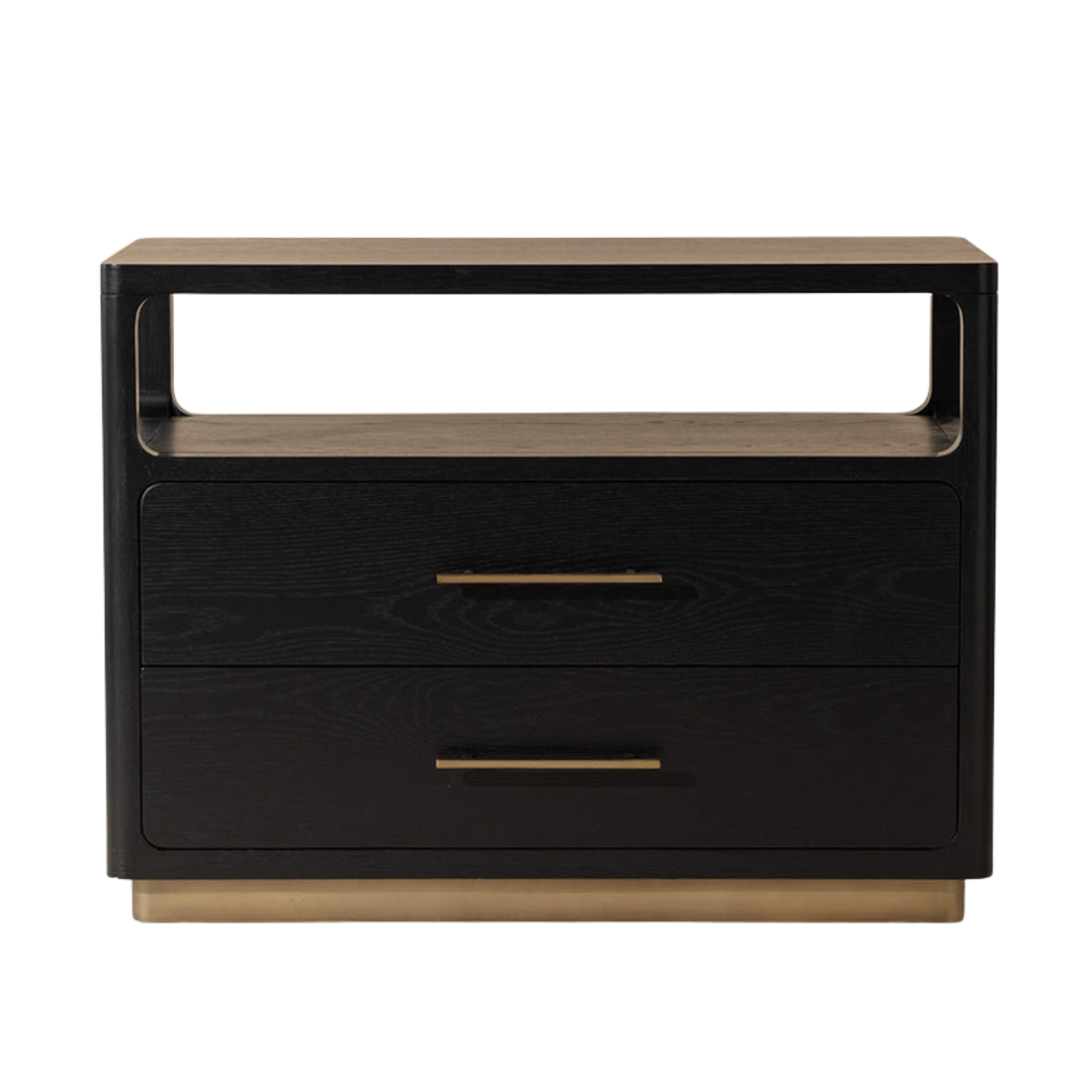 Minimalist Oak Nightstand in Black - Open Shelf, 2 Soft-Close Drawers