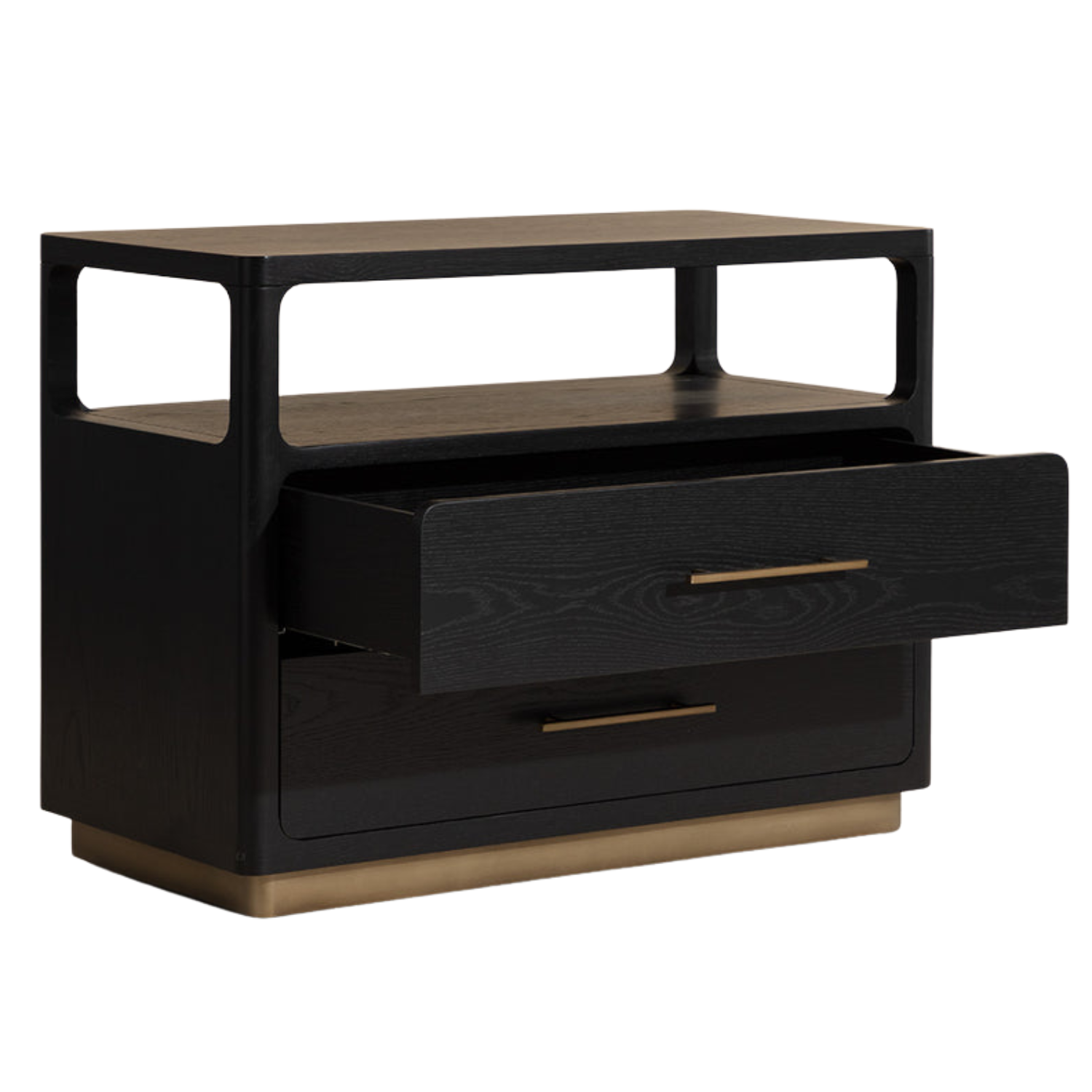 Minimalist Oak Nightstand in Black - Open Shelf, 2 Soft-Close Drawers