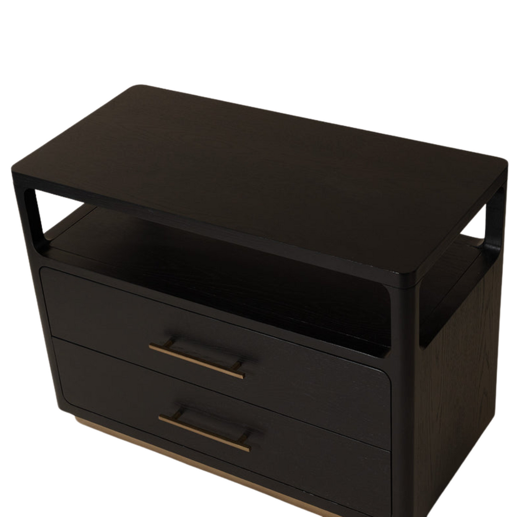 Minimalist Oak Nightstand in Black - Open Shelf, 2 Soft-Close Drawers