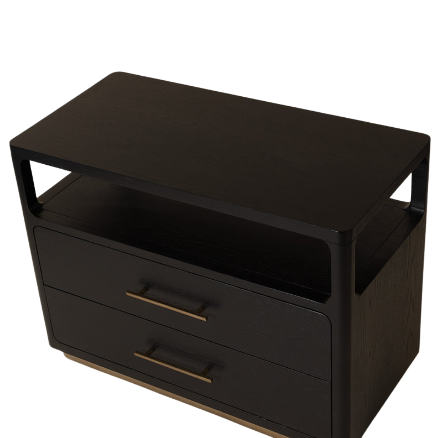 Minimalist Oak Nightstand in Black - Open Shelf, 2 Soft-Close Drawers
