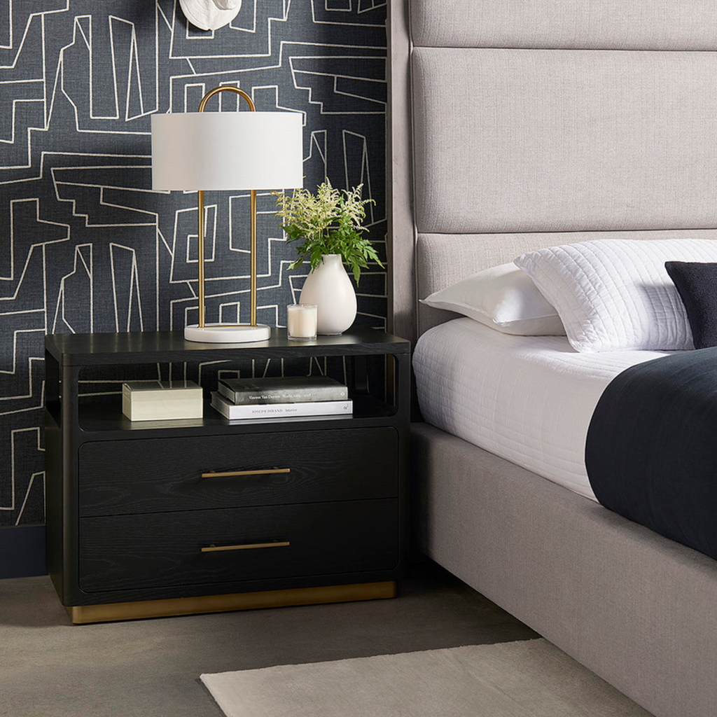 Minimalist Oak Nightstand in Black - Open Shelf, 2 Soft-Close Drawers