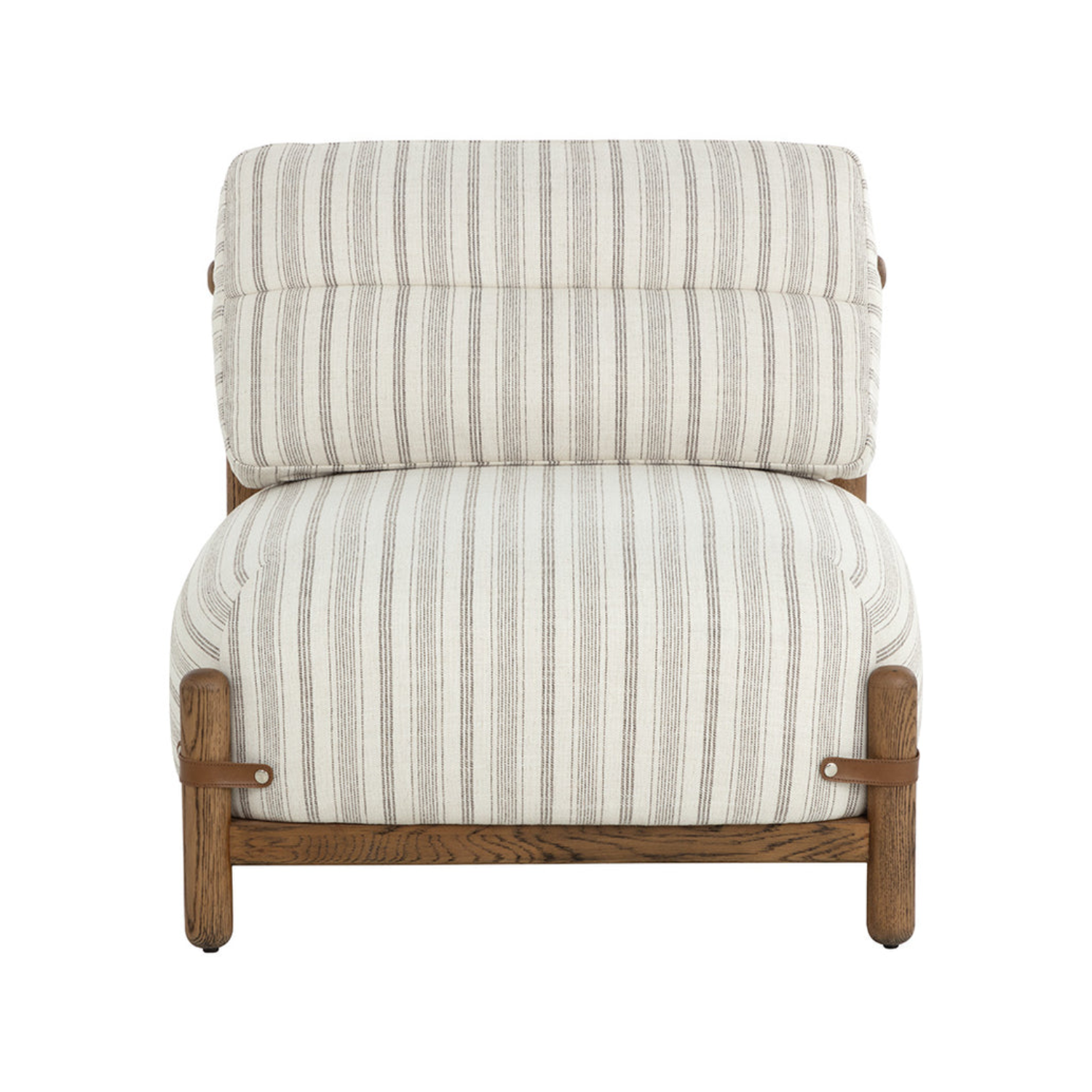 Mid-Century Lounge Chair in Striped Script Fabric - Oak Frame, Leather Straps