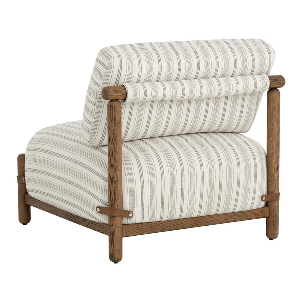 Mid-Century Lounge Chair in Striped Script Fabric - Oak Frame, Leather Straps
