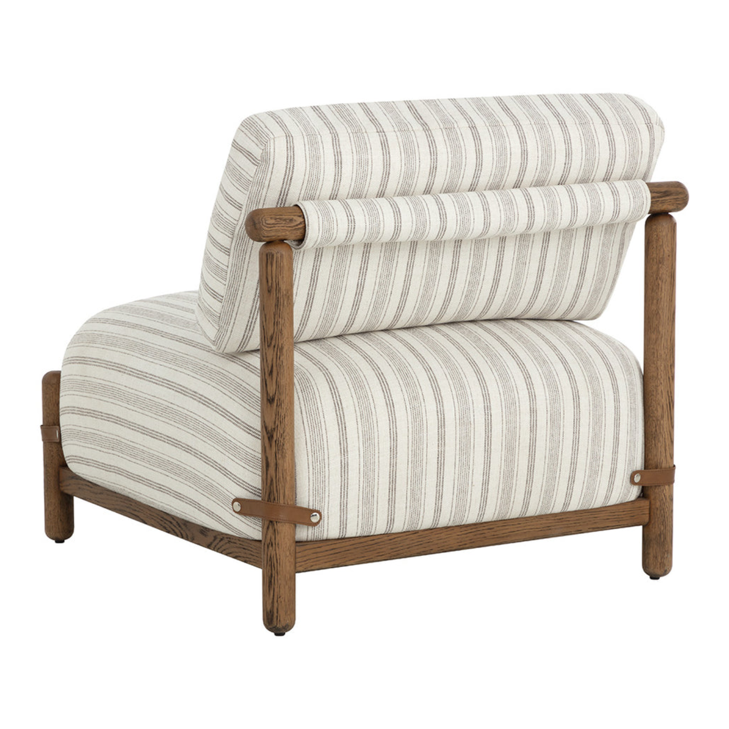 Mid-Century Lounge Chair in Striped Script Fabric - Oak Frame, Leather Straps