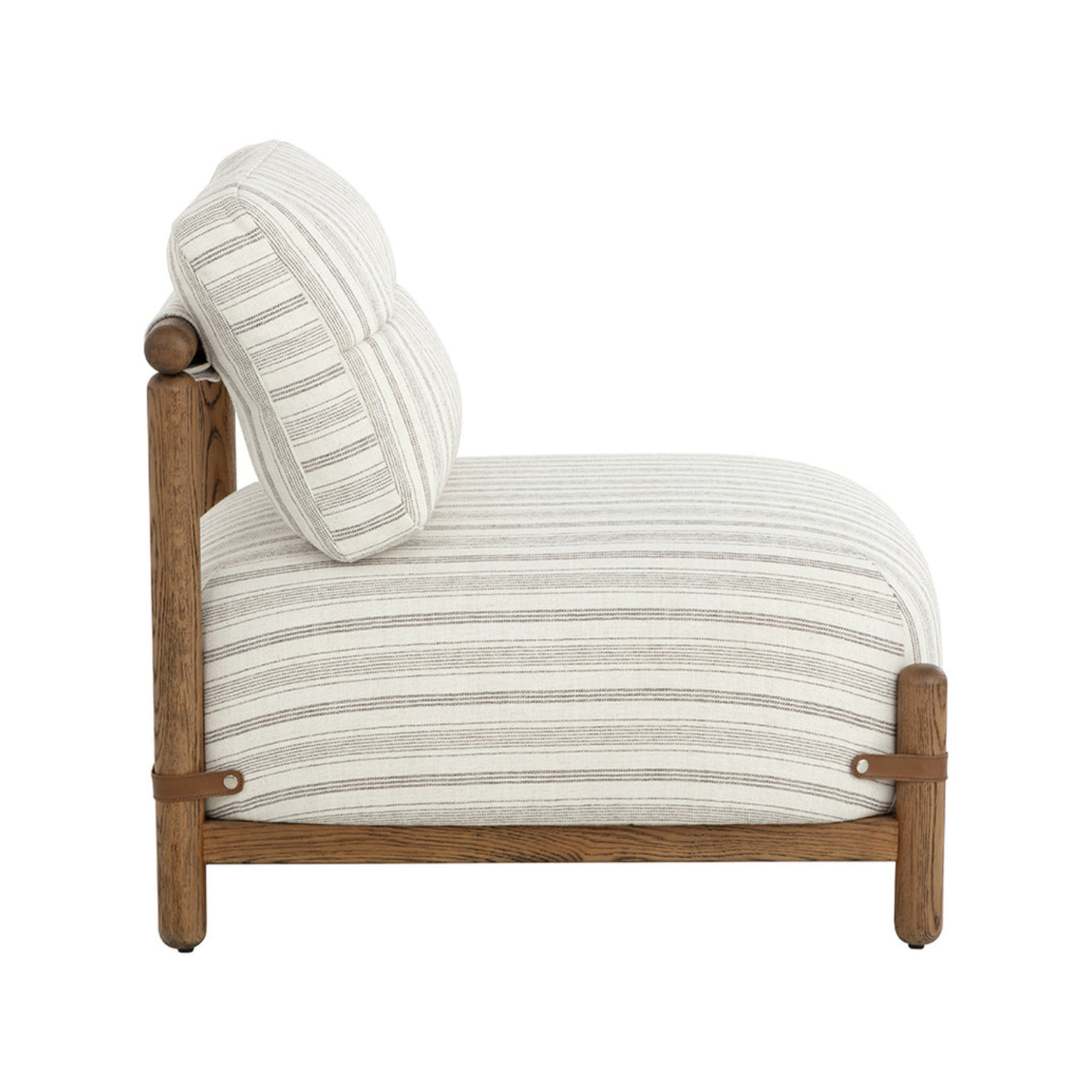 Mid-Century Lounge Chair in Striped Script Fabric - Oak Frame, Leather Straps