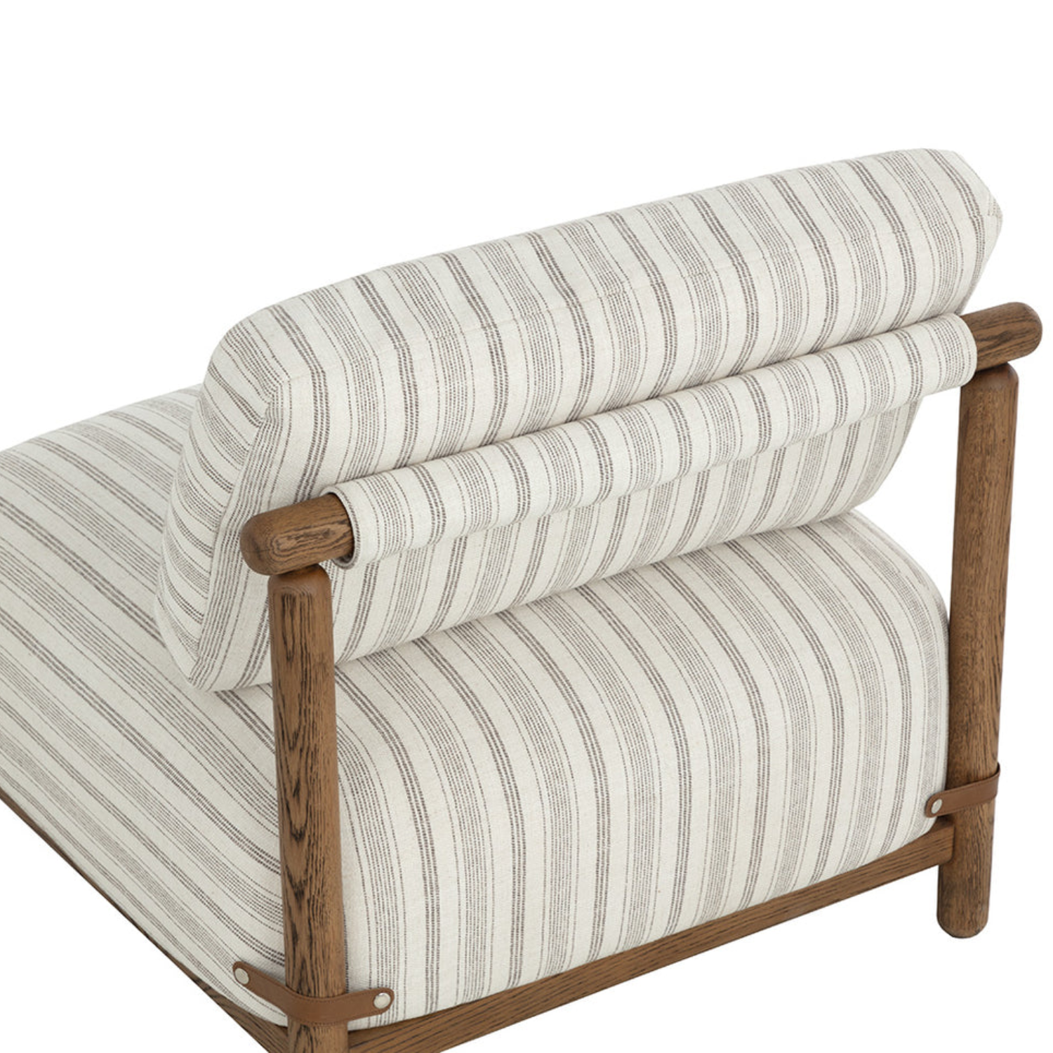 Mid-Century Lounge Chair in Striped Script Fabric - Oak Frame, Leather Straps