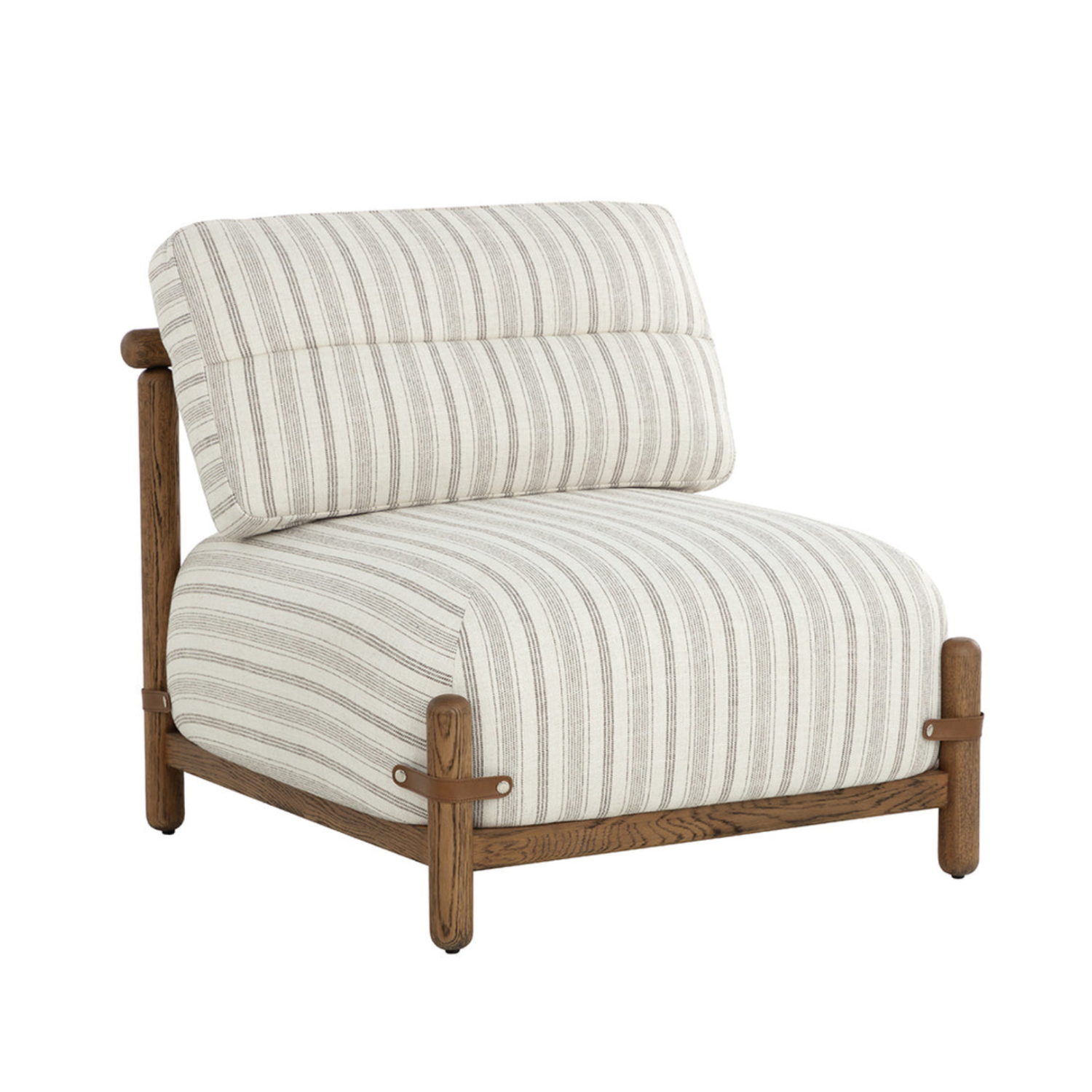 Mid-Century Lounge Chair in Striped Script Fabric - Oak Frame, Leather Straps