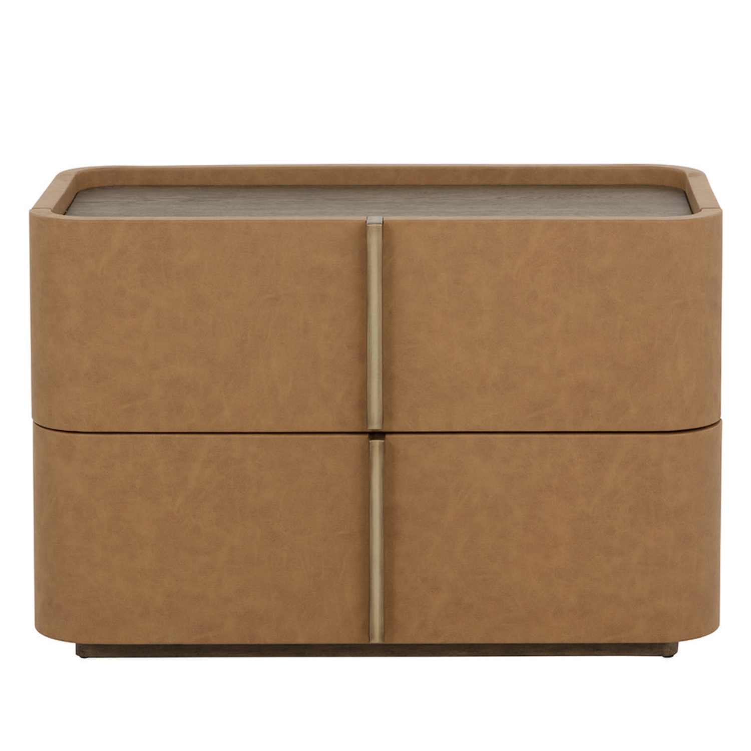 Curved Nightstand in Cognac Faux Leather - Oak Veneer Top, 2 Drawers, Acacia Base