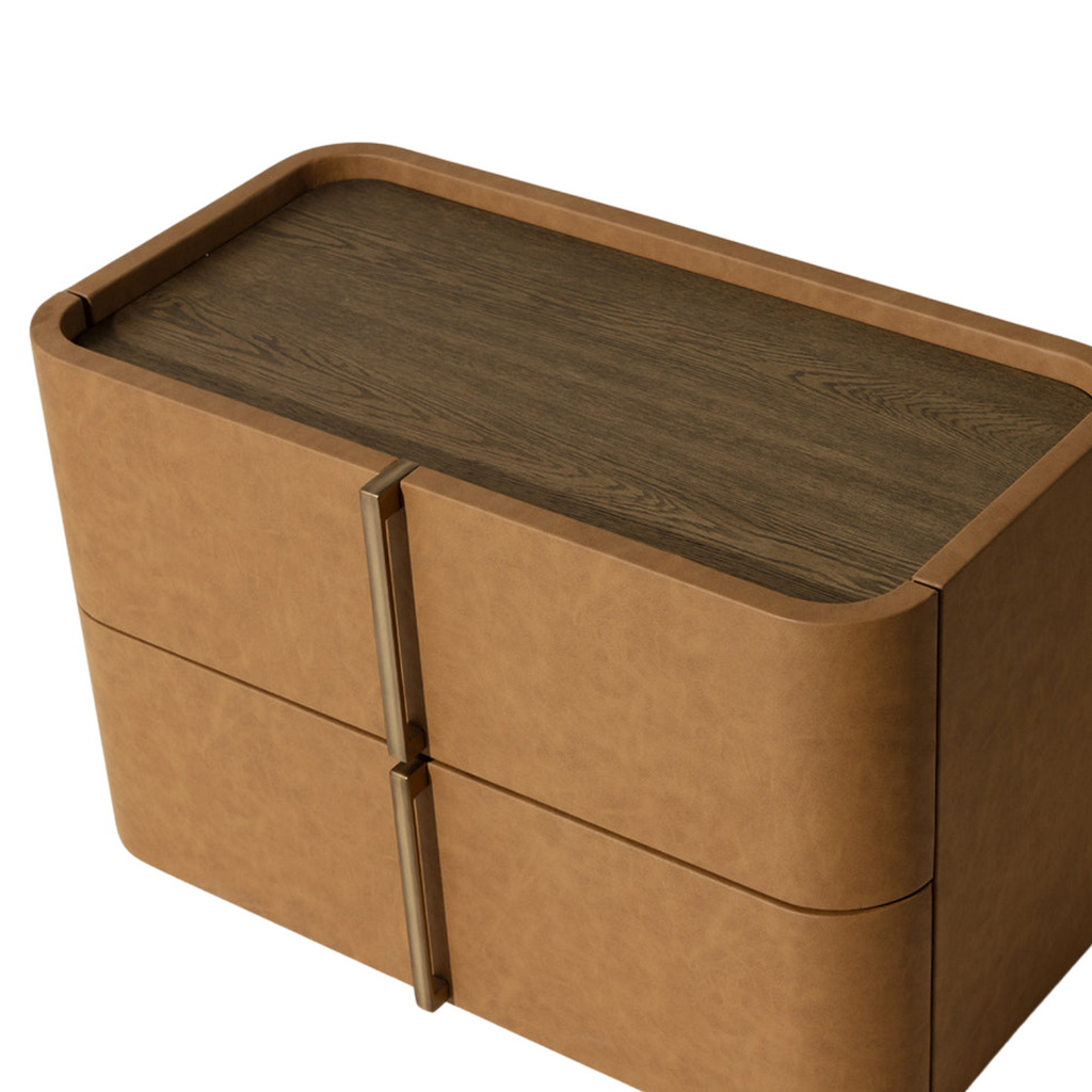 Curved Nightstand in Cognac Faux Leather - Oak Veneer Top, 2 Drawers, Acacia Base