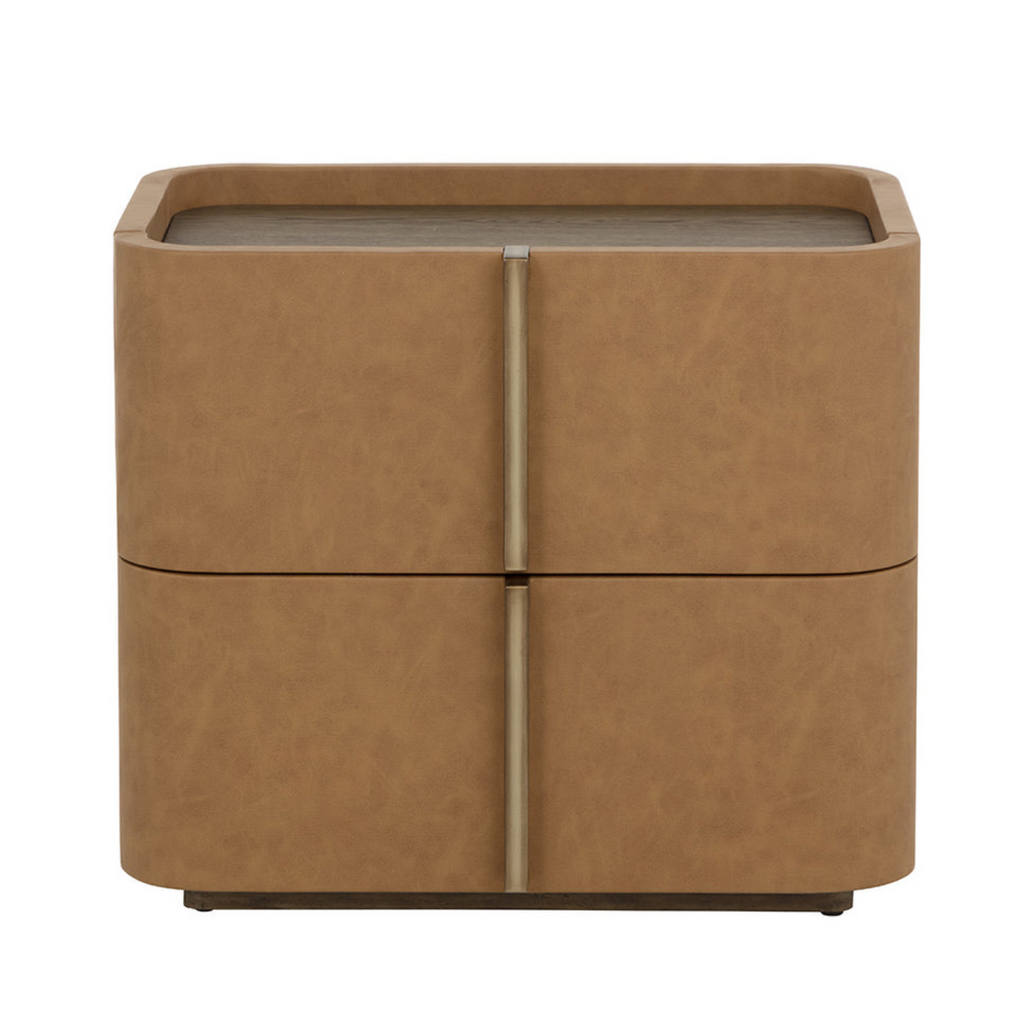 Curved Nightstand in Cognac Faux Leather - Oak Veneer Top, 2 Drawers, Acacia Base